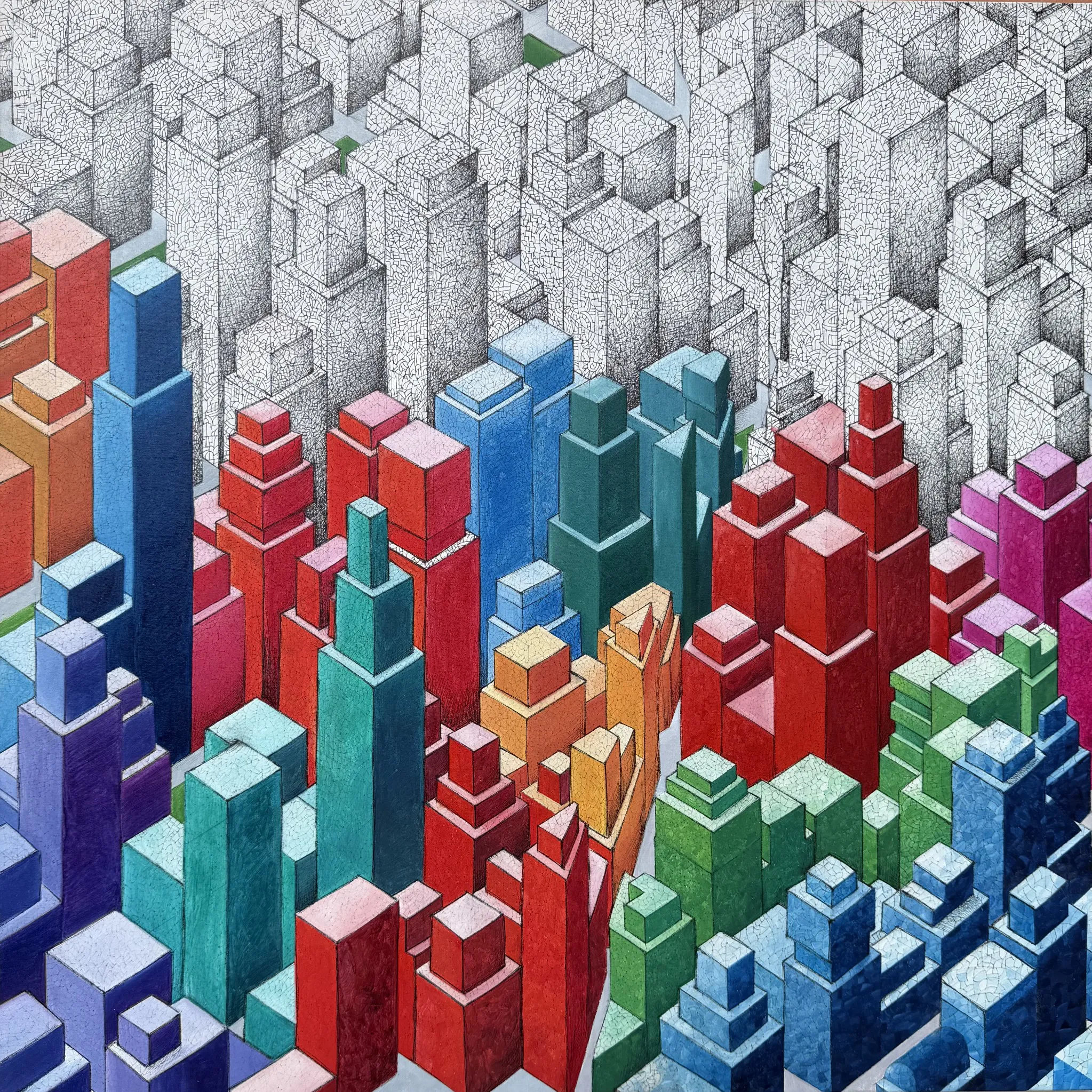 Dissolvenza, città geometrica con edifici colorati in primo piano e architetture in bianco e nero sullo sfondo