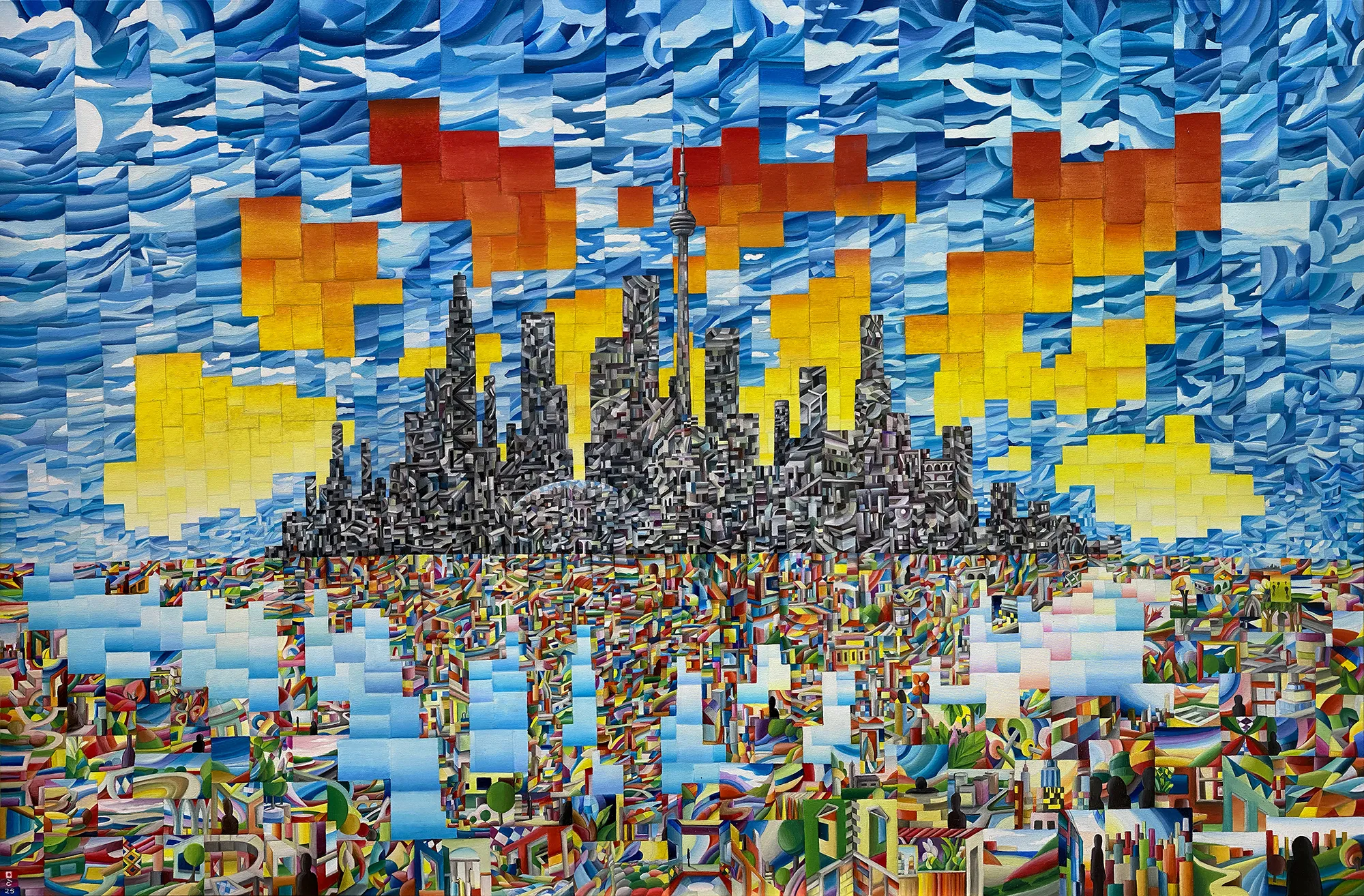 Dipinto ispirato a Toronto: paesaggio urbano geometrico e colori vivaci
